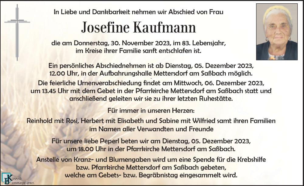  Traueranzeige für Josefine Kaufmann vom 03.12.2023 aus Kleine Zeitung