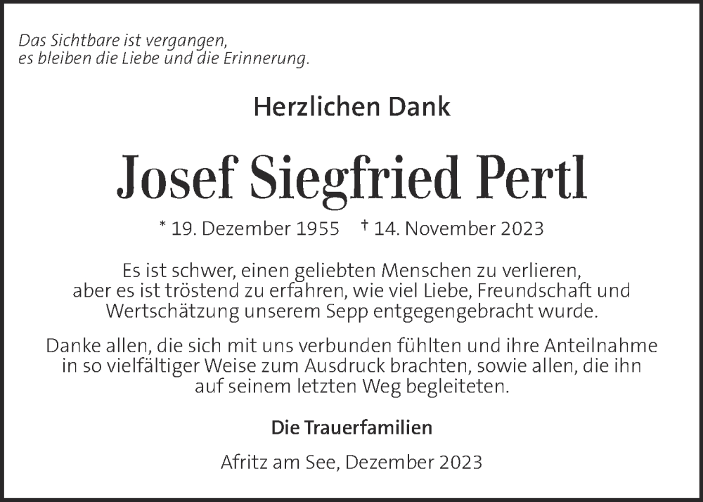  Traueranzeige für Josef Siegfried Pertl vom 03.12.2023 aus Kleine Zeitung