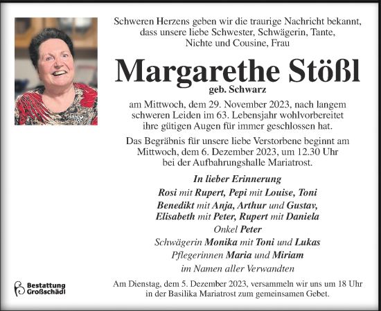 Traueranzeige von Margarethe Stößl von Kleine Zeitung