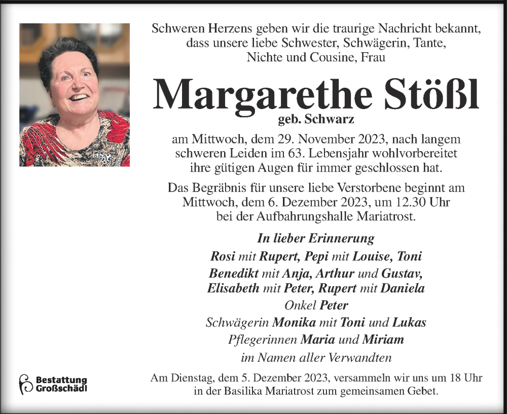  Traueranzeige für Margarethe Stößl vom 03.12.2023 aus Kleine Zeitung