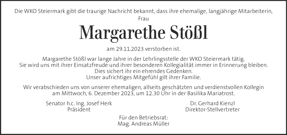  Traueranzeige für Margarethe Stößl vom 05.12.2023 aus Kleine Zeitung