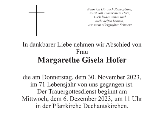 Traueranzeige von Margarethe Gisela Hofer von Kleine Zeitung