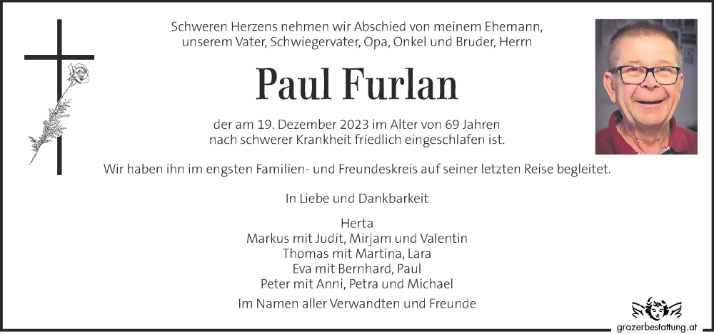  Traueranzeige für Paul Furlan vom 30.12.2023 aus Kleine Zeitung