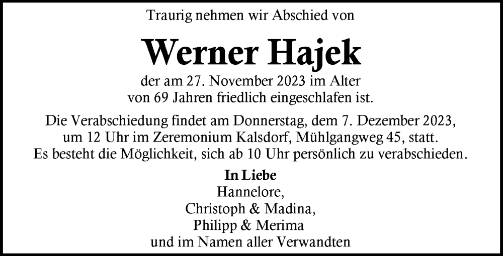  Traueranzeige für Werner Hajek vom 03.12.2023 aus Kleine Zeitung