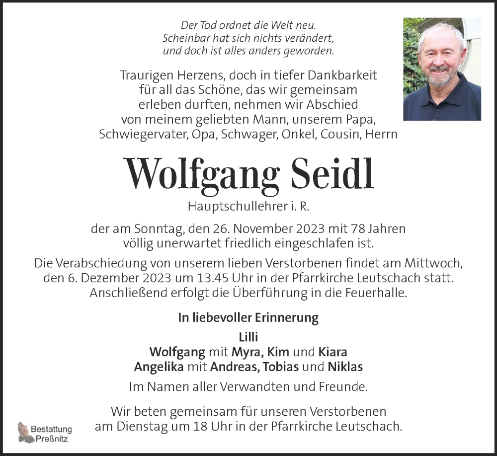  Traueranzeige für Wolfgang Seidl vom 03.12.2023 aus Kleine Zeitung