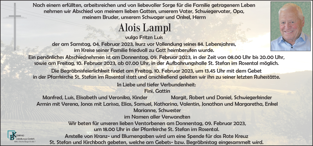  Traueranzeige für Alois Lampl vom 08.02.2023 aus Kleine Zeitung