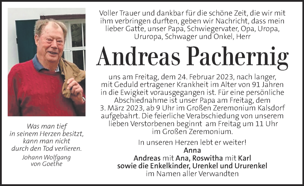  Traueranzeige für Andreas Pachernig vom 01.03.2023 aus Kleine Zeitung