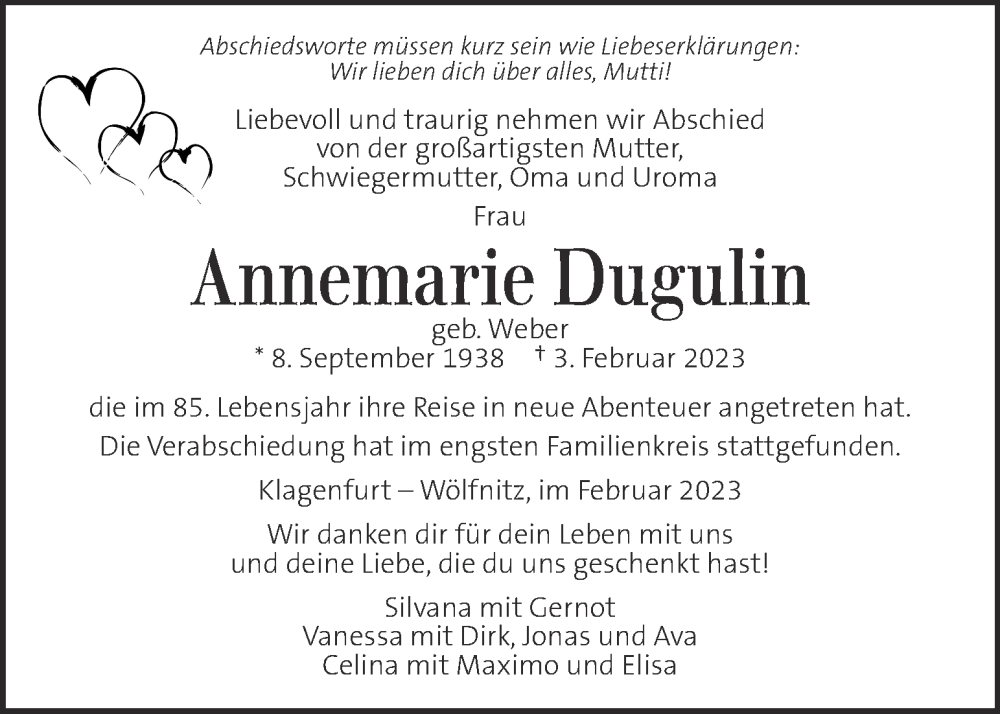  Traueranzeige für Annemarie Dugulin vom 09.02.2023 aus Kleine Zeitung