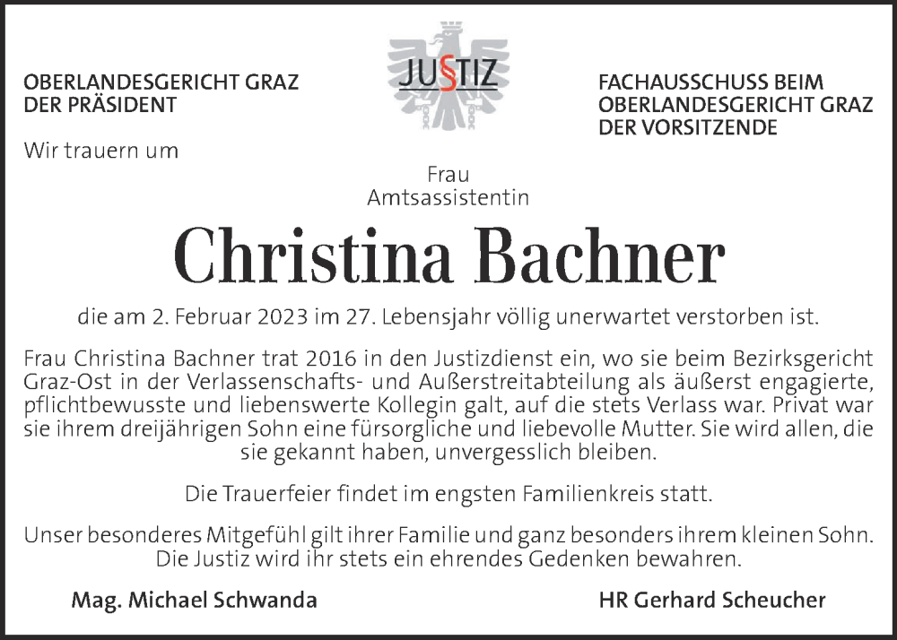  Traueranzeige für Christina Bachner vom 08.02.2023 aus Kleine Zeitung