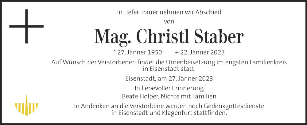  Traueranzeige für Christl Staber vom 03.02.2023 aus Kleine Zeitung