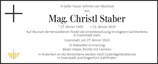 Traueranzeige von Christl Staber von Kleine Zeitung