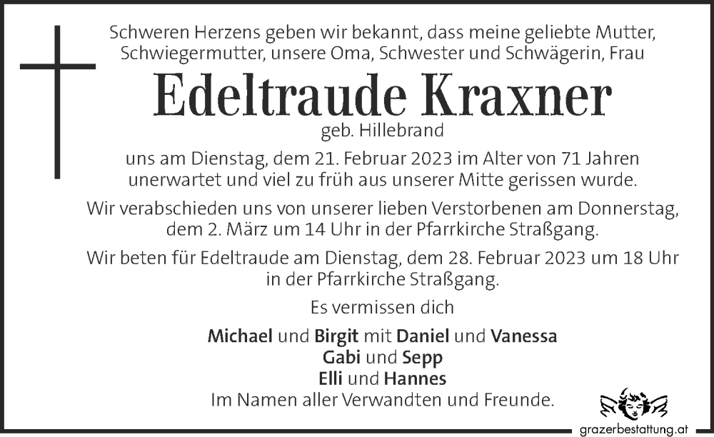  Traueranzeige für Edeltraude Kraxner vom 26.02.2023 aus Kleine Zeitung