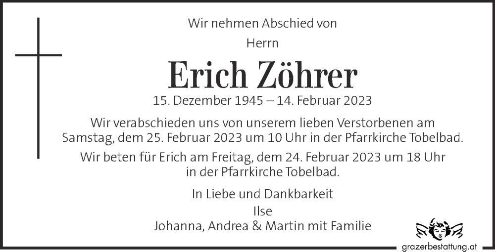  Traueranzeige für Erich Zöhrer vom 19.02.2023 aus Kleine Zeitung