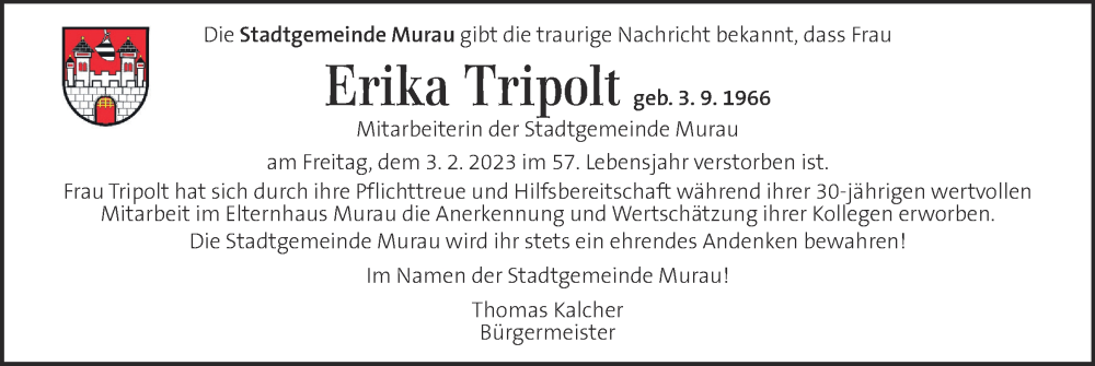  Traueranzeige für Erika Tripolt vom 08.02.2023 aus Kleine Zeitung