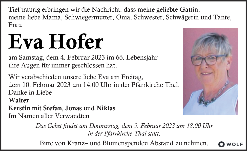  Traueranzeige für Eva Hofer vom 08.02.2023 aus Kleine Zeitung
