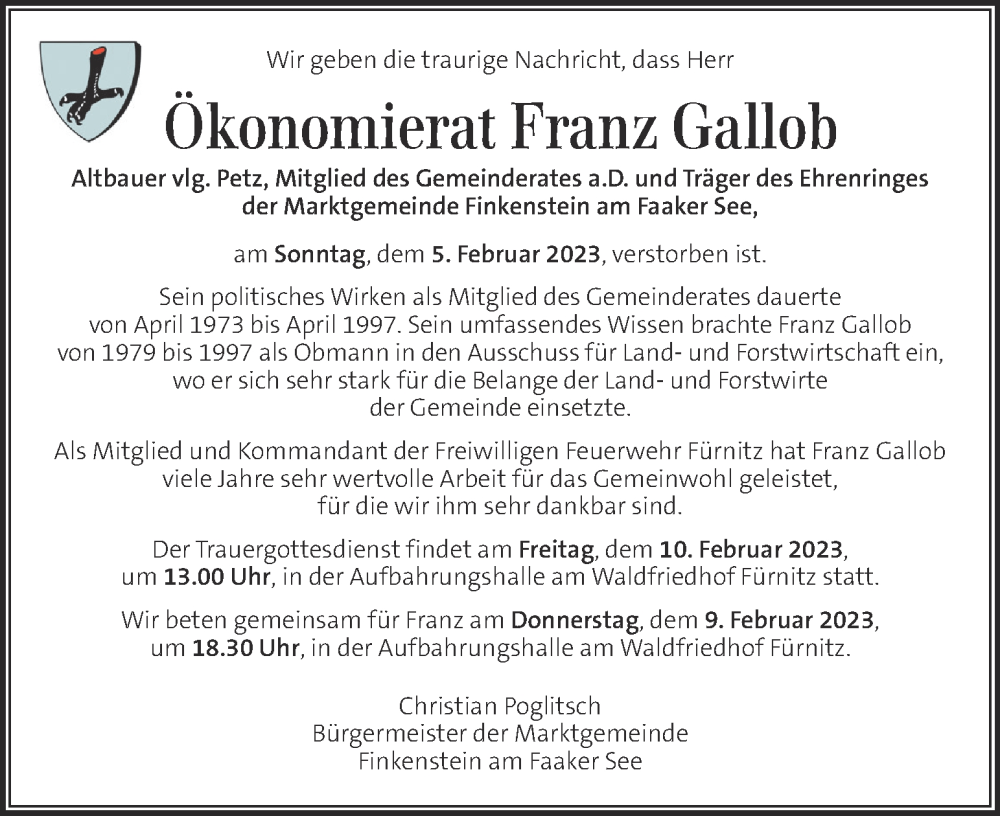  Traueranzeige für Franz Gallob vom 08.02.2023 aus Kleine Zeitung