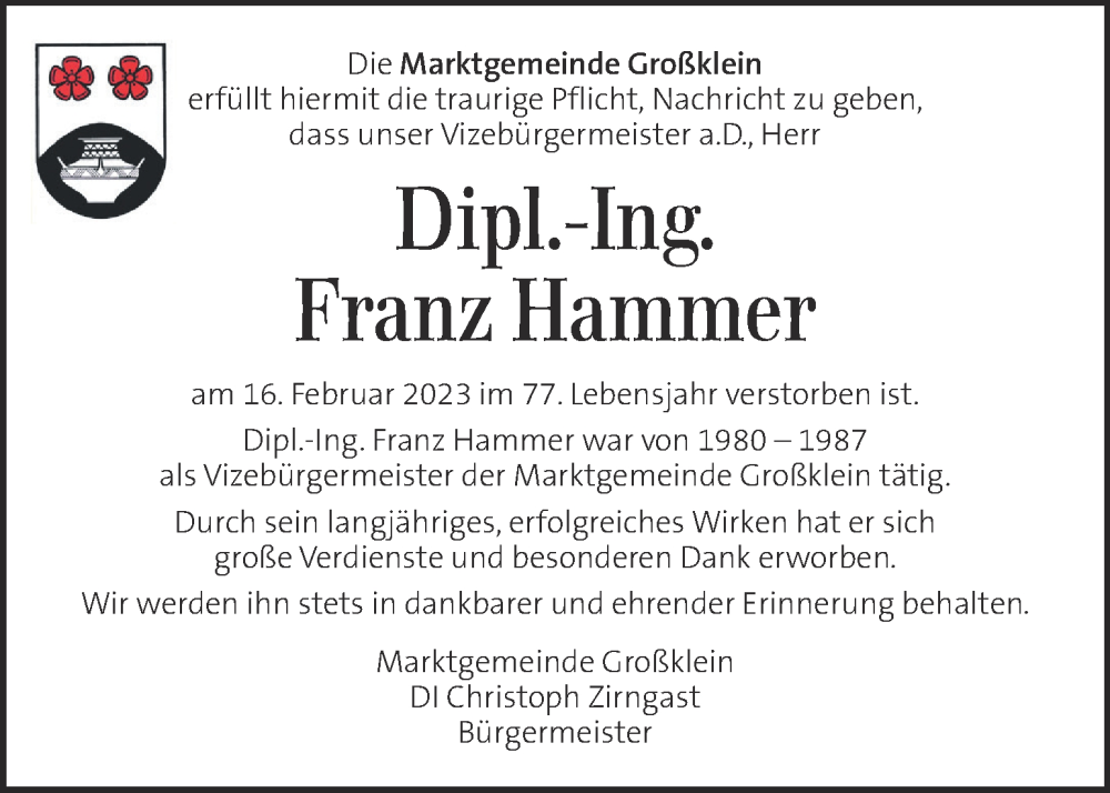  Traueranzeige für Franz Hammer vom 22.02.2023 aus Kleine Zeitung