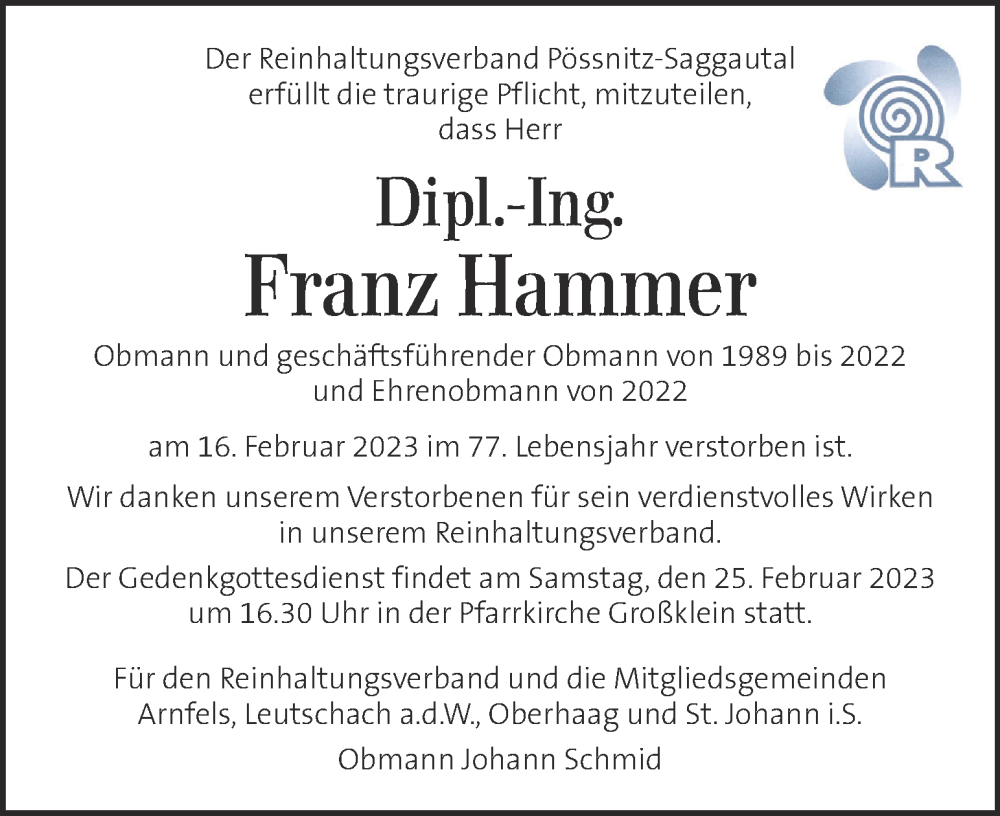  Traueranzeige für Franz Hammer vom 23.02.2023 aus Kleine Zeitung