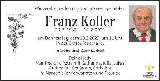 Traueranzeige von Franz Koller von Kleine Zeitung