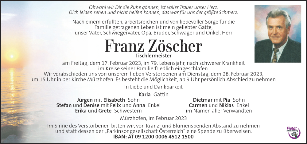  Traueranzeige für Franz Zöscher vom 23.02.2023 aus Kleine Zeitung