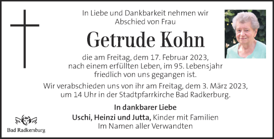 Traueranzeige von Gertrude Kohn von Kleine Zeitung