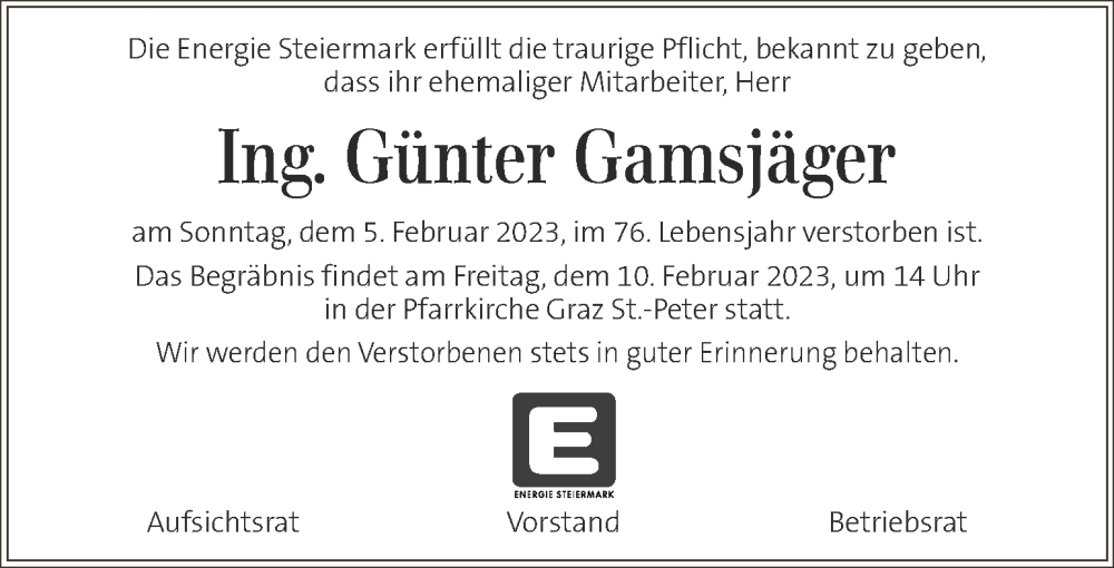  Traueranzeige für Günter Gamsjäger vom 09.02.2023 aus Kleine Zeitung