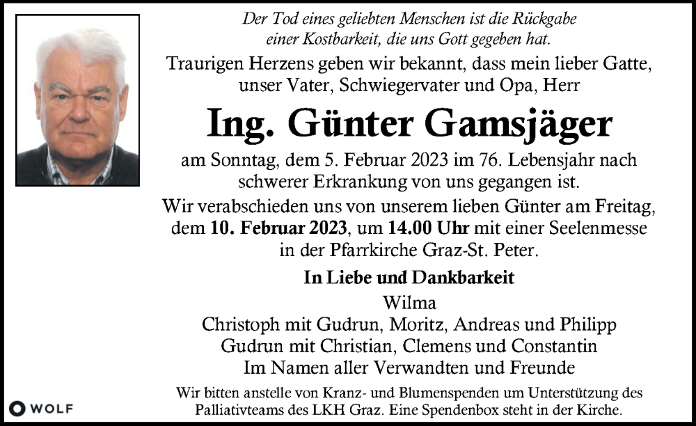  Traueranzeige für Günter Gamsjäger vom 08.02.2023 aus Kleine Zeitung
