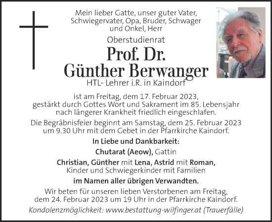 Traueranzeige von Günther Berwanger von Kleine Zeitung
