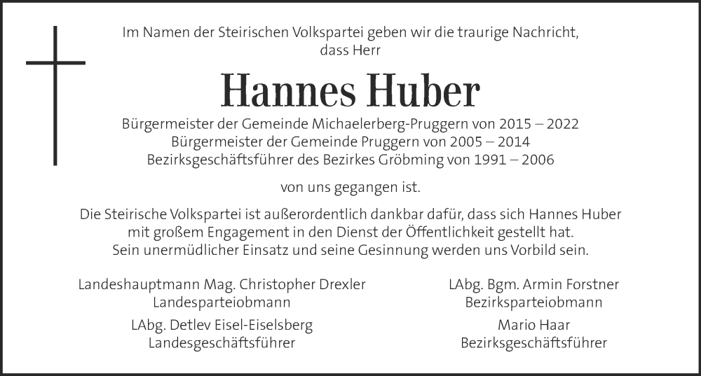  Traueranzeige für Hannes Huber vom 22.02.2023 aus Kleine Zeitung