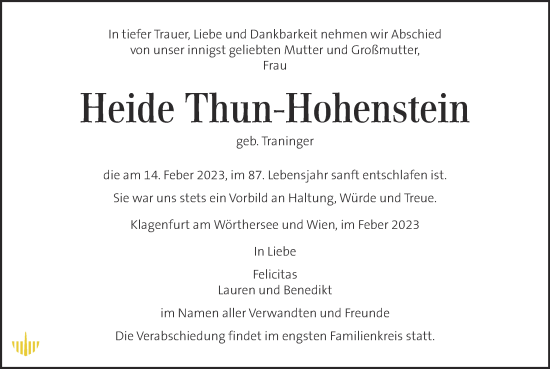 Traueranzeige von Heide Thun-Hohenstein von Kleine Zeitung
