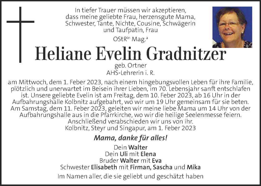 Traueranzeige für Heliane Evelin Gradnitzer vom 08.02.2023 aus Kleine Zeitung
