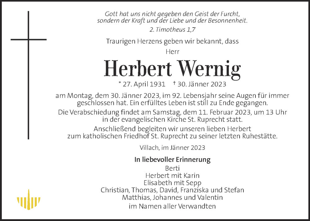  Traueranzeige für Herbert Wernig vom 08.02.2023 aus Kleine Zeitung