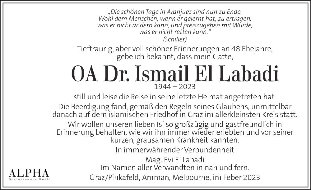  Traueranzeige für Ismail  El Labadi vom 10.02.2023 aus Kleine Zeitung