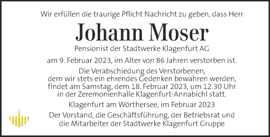 Traueranzeige von Johann Moser von Kleine Zeitung