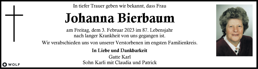  Traueranzeige für Johanna Bierbaum vom 08.02.2023 aus Kleine Zeitung