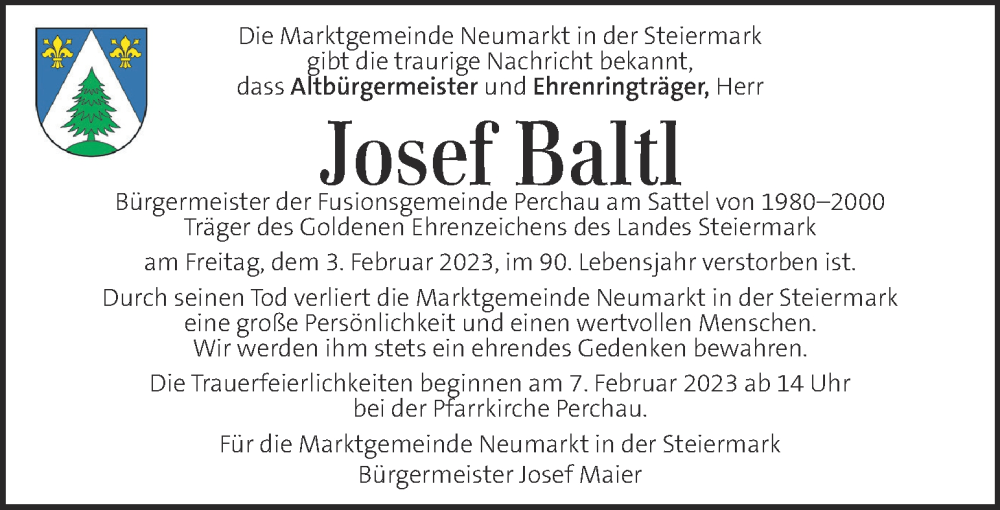  Traueranzeige für Josef Baltl vom 07.02.2023 aus Kleine Zeitung
