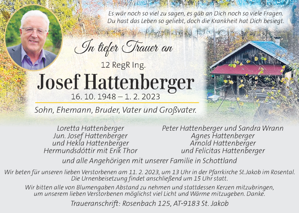  Traueranzeige für Josef Hattenberger vom 07.02.2023 aus Kleine Zeitung