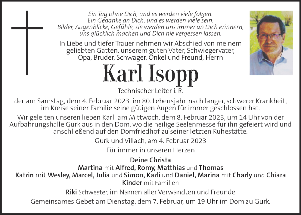  Traueranzeige für Karl Isopp vom 07.02.2023 aus Kleine Zeitung