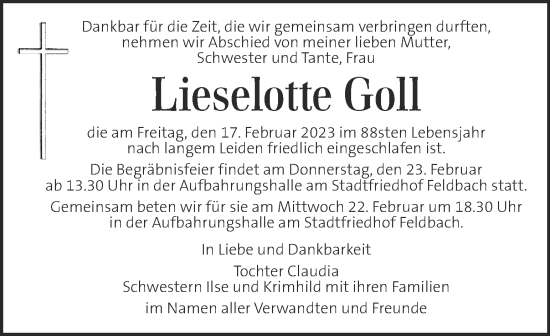 Traueranzeige von Lieselotte Goll von Kleine Zeitung