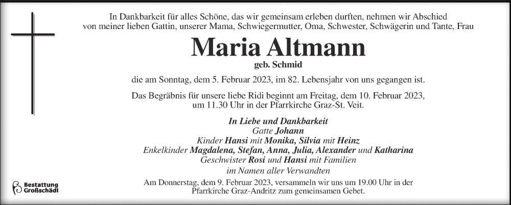  Traueranzeige für Maria Altmann vom 08.02.2023 aus Kleine Zeitung