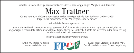 Traueranzeige von Max Trattner von Kleine Zeitung
