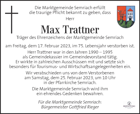 Traueranzeige von Max Trattner von Kleine Zeitung