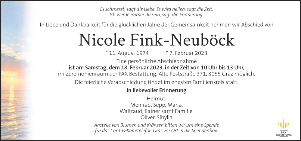  Traueranzeige für Nicole Fink-Neuböck vom 15.02.2023 aus Kleine Zeitung