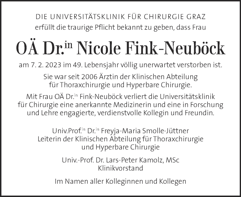  Traueranzeige für Nicole Fink-Neuböck vom 11.02.2023 aus Kleine Zeitung