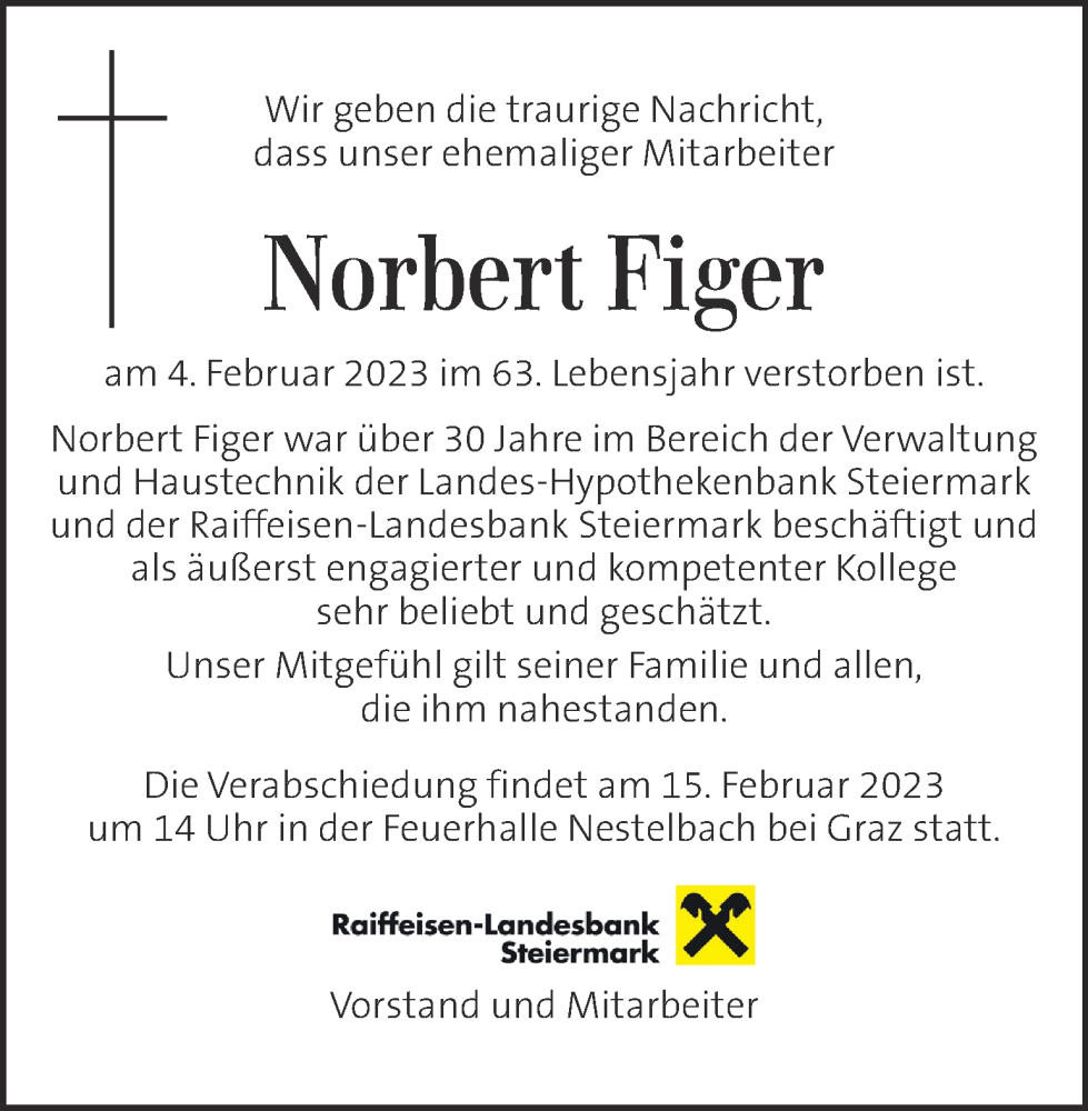  Traueranzeige für Norbert Figer vom 15.02.2023 aus Kleine Zeitung