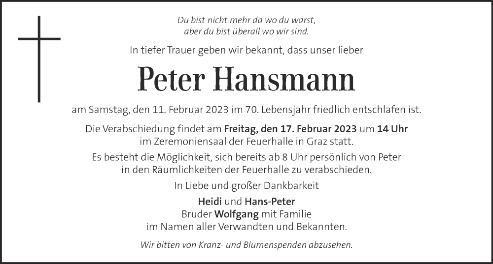  Traueranzeige für Peter Hansmann vom 15.02.2023 aus Kleine Zeitung