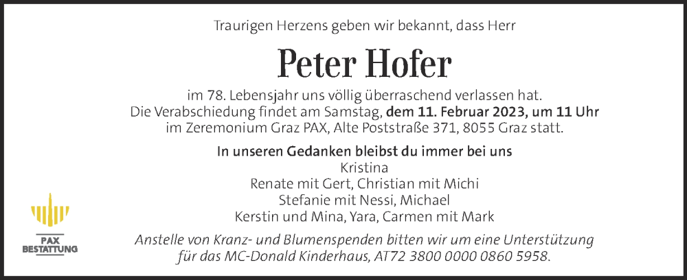  Traueranzeige für Peter Hofer vom 08.02.2023 aus Kleine Zeitung