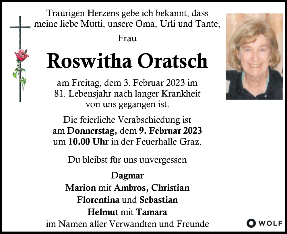  Traueranzeige für Roswitha Oratsch vom 07.02.2023 aus Kleine Zeitung