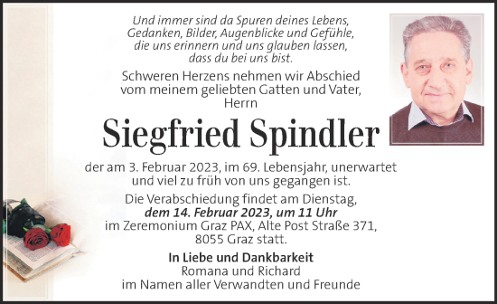 Traueranzeige von Siegfried Spindler von Kleine Zeitung