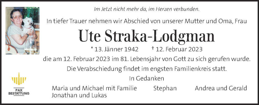  Traueranzeige für Ute Straka-Lodgman vom 19.02.2023 aus Kleine Zeitung